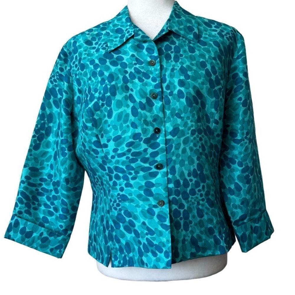 ICE Vintage 100% Silk Blouse Button Down Turquoise Blue Pop Art Shirt SZ L